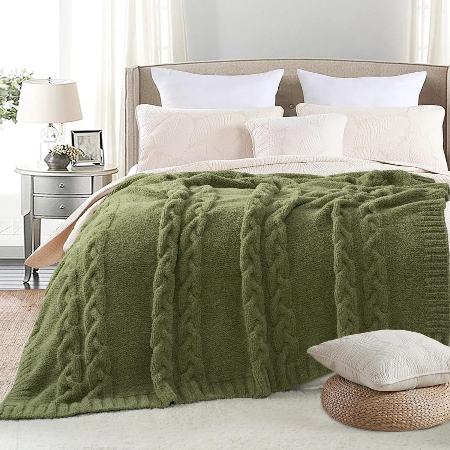 Chunky Knit Blanket Super Soft Cable Fluffy Microfiber Cozy Warm Winter Blankets for Couch Sofa Bed Twin Size 60"X80" Olive Green