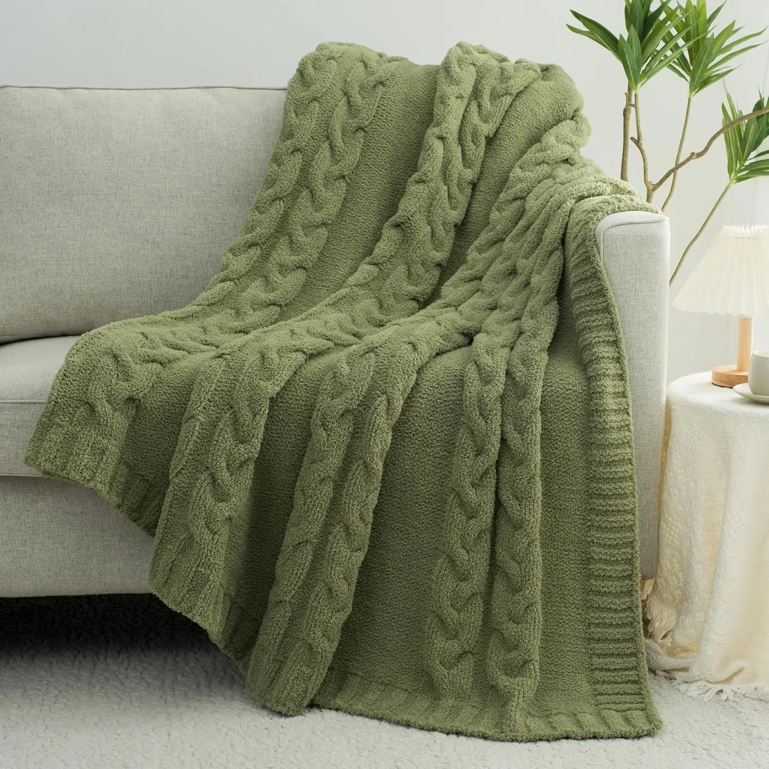Chunky Knit Blanket Super Soft Cable Fluffy Microfiber Cozy Warm Winter Blankets for Couch Sofa Bed Twin Size 60"X80" Olive Green