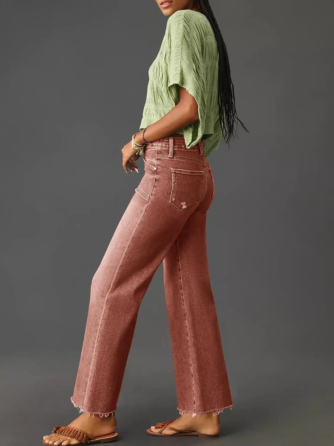 Cicy Bell Womens High Waisted Cropped Jeans Trendy Stretchy Baggy Straight Leg Raw Hem Capri Denim Pants