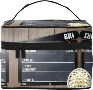 Cinema Movie Clapboard And Popcorn Makeup Bag Portable Travel Cosmetic Bag for Women, Beauty Zipper Makeup Organizer PU Leather Washable Waterproof