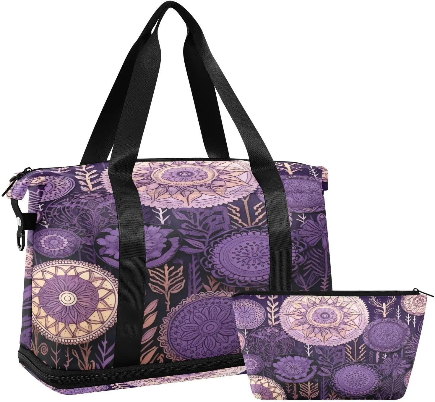 Circle Mandala Purple Duffel Bag Lightweight Carry On Gym Bags for Travel and Weekends, Versatile Overnight Bag with Shoe Compartment