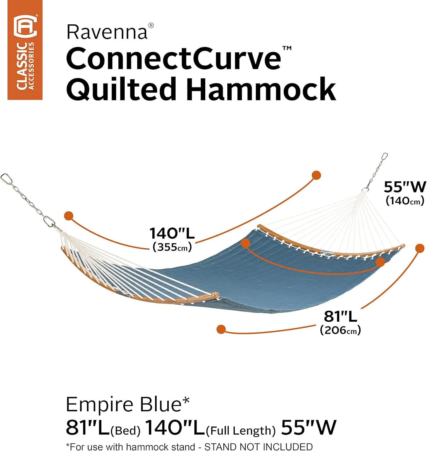 Classic Accessories Ravenna 81 x 55 Inch Quilted Double Hammock, Empire Blue
