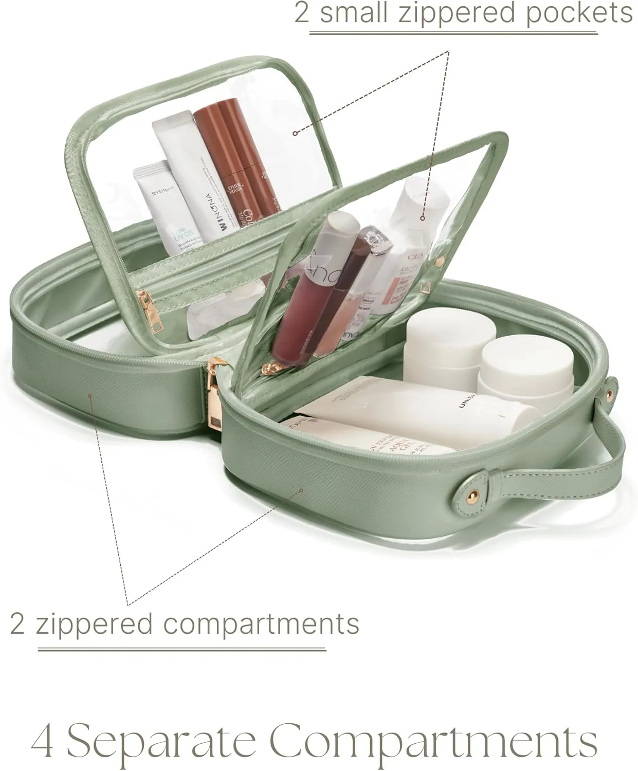 Clear Cosmetic Bag Double Layer Travel Toiletry Bag White Makeup Bag Case with 4 Compartments, Transparent Travel Bag for Toiletries, Large Toiletry Bag for Women Cosmetic Case (Sage Green)