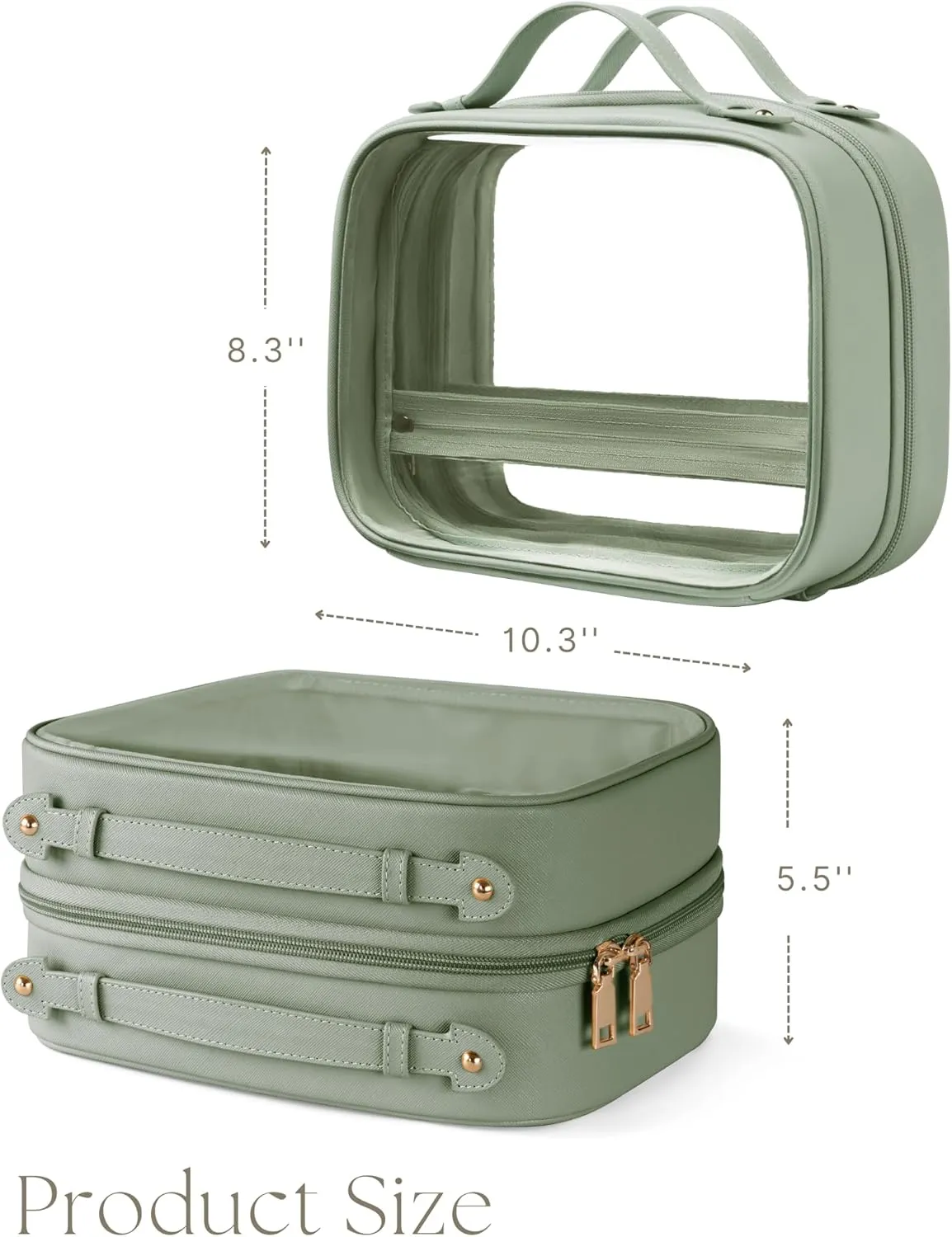 Clear Cosmetic Bag Double Layer Travel Toiletry Bag White Makeup Bag Case with 4 Compartments, Transparent Travel Bag for Toiletries, Large Toiletry Bag for Women Cosmetic Case (Sage Green)