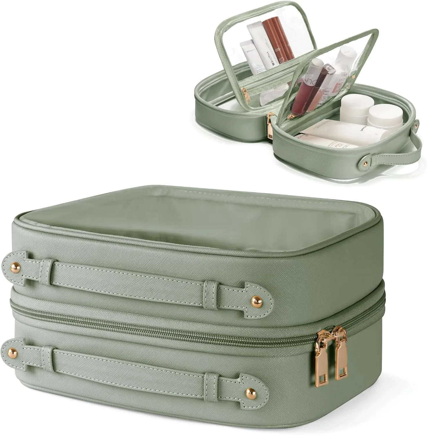 Clear Cosmetic Bag Double Layer Travel Toiletry Bag White Makeup Bag Case with 4 Compartments, Transparent Travel Bag for Toiletries, Large Toiletry Bag for Women Cosmetic Case (Sage Green)