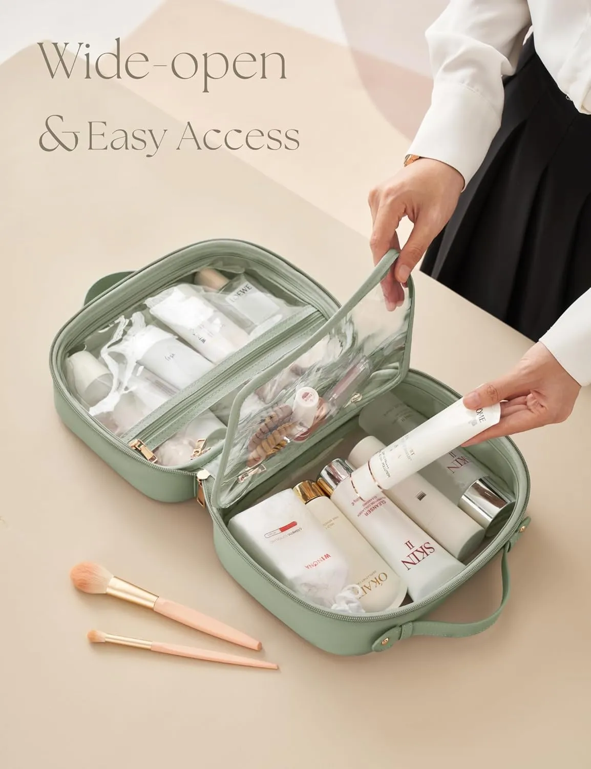 Clear Cosmetic Bag Double Layer Travel Toiletry Bag White Makeup Bag Case with 4 Compartments, Transparent Travel Bag for Toiletries, Large Toiletry Bag for Women Cosmetic Case (Sage Green)