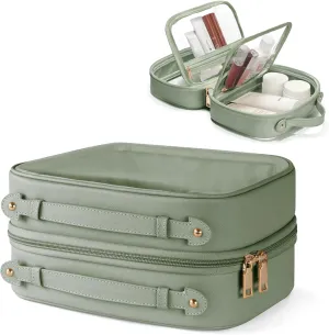 Clear Cosmetic Bag Double Layer Travel Toiletry Bag White Makeup Bag Case with 4 Compartments, Transparent Travel Bag for Toiletries, Large Toiletry Bag for Women Cosmetic Case (Sage Green)