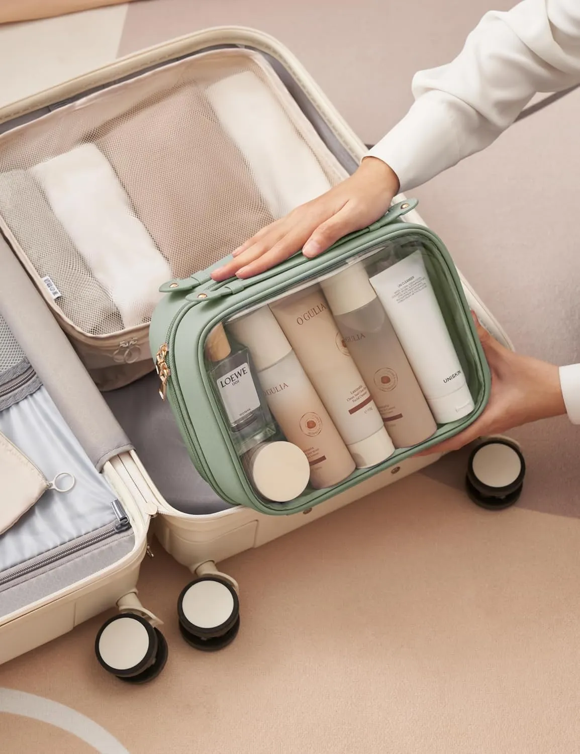 Clear Cosmetic Bag Double Layer Travel Toiletry Bag White Makeup Bag Case with 4 Compartments, Transparent Travel Bag for Toiletries, Large Toiletry Bag for Women Cosmetic Case (Sage Green)