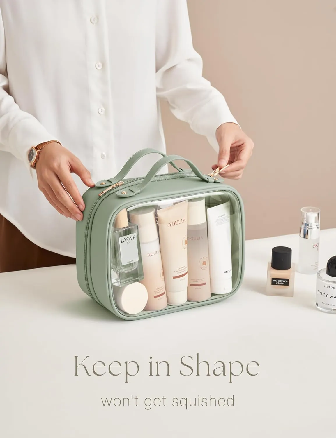 Clear Cosmetic Bag Double Layer Travel Toiletry Bag White Makeup Bag Case with 4 Compartments, Transparent Travel Bag for Toiletries, Large Toiletry Bag for Women Cosmetic Case (Sage Green)