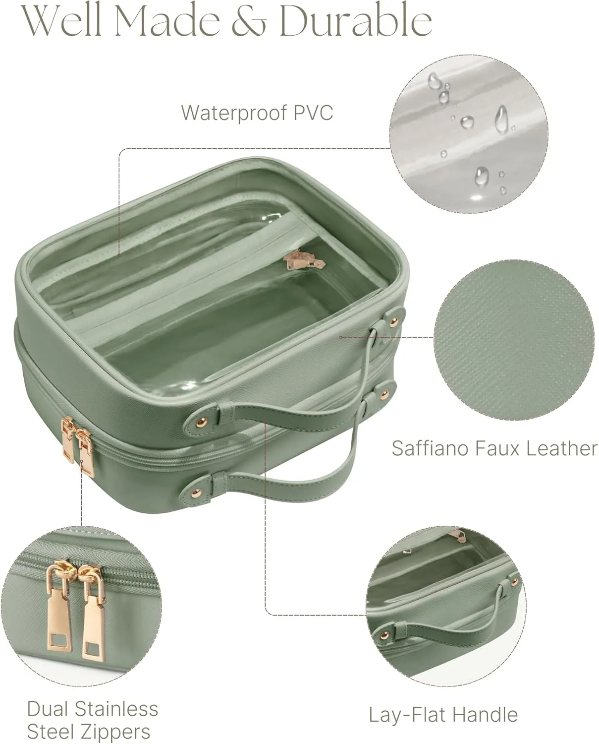 Clear Cosmetic Bag Double Layer Travel Toiletry Bag White Makeup Bag Case with 4 Compartments, Transparent Travel Bag for Toiletries, Large Toiletry Bag for Women Cosmetic Case (Sage Green)