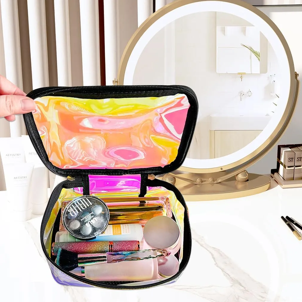 Clear Cosmetic Bags 2 pcs Holographic Pink Waterproof Toiletry Makeup Pouch Zippered Travel Bag