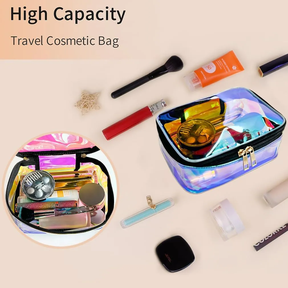 Clear Cosmetic Bags 2 pcs Holographic Pink Waterproof Toiletry Makeup Pouch Zippered Travel Bag