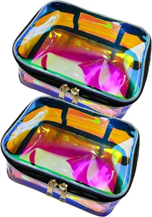 Clear Cosmetic Bags 2 pcs Holographic Pink Waterproof Toiletry Makeup Pouch Zippered Travel Bag