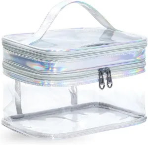 Clear Makeup Case, See Through Makeup Bag, Clear Iridescent Toiletry Bag with Top Handle, Double Layer Travel Bag (Silver)
