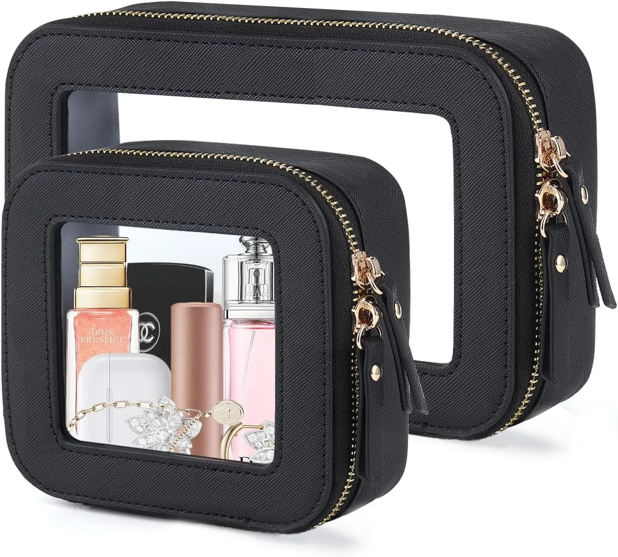 Clear Toiletry Bag and Mini Makeup Bag with Zipper Set is a Convenient, Waterproof Toiletry Bag for Travel and Essentials for Women on the Go(Black, M MINI)