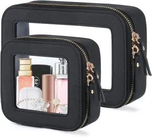 Clear Toiletry Bag and Mini Makeup Bag with Zipper Set is a Convenient, Waterproof Toiletry Bag for Travel and Essentials for Women on the Go(Black, M MINI)