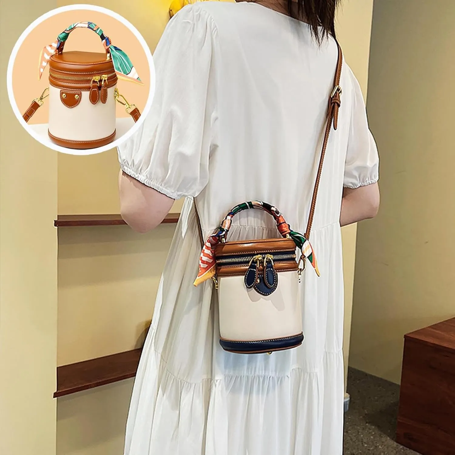 Colorblock Bucket Bag For Women,Leather Fashion Versatile Colorblock Cylinder Bag,Fashionable Crossbody Bag for Womens
