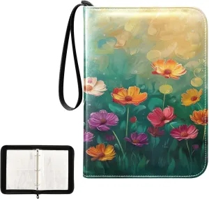 Colorful Flowers Painting Collectible Trading Card Albums, Waterproof PU Card Collection Binder Fits 400 Cards with Removable Sleeves for Baseball Card, Football Card