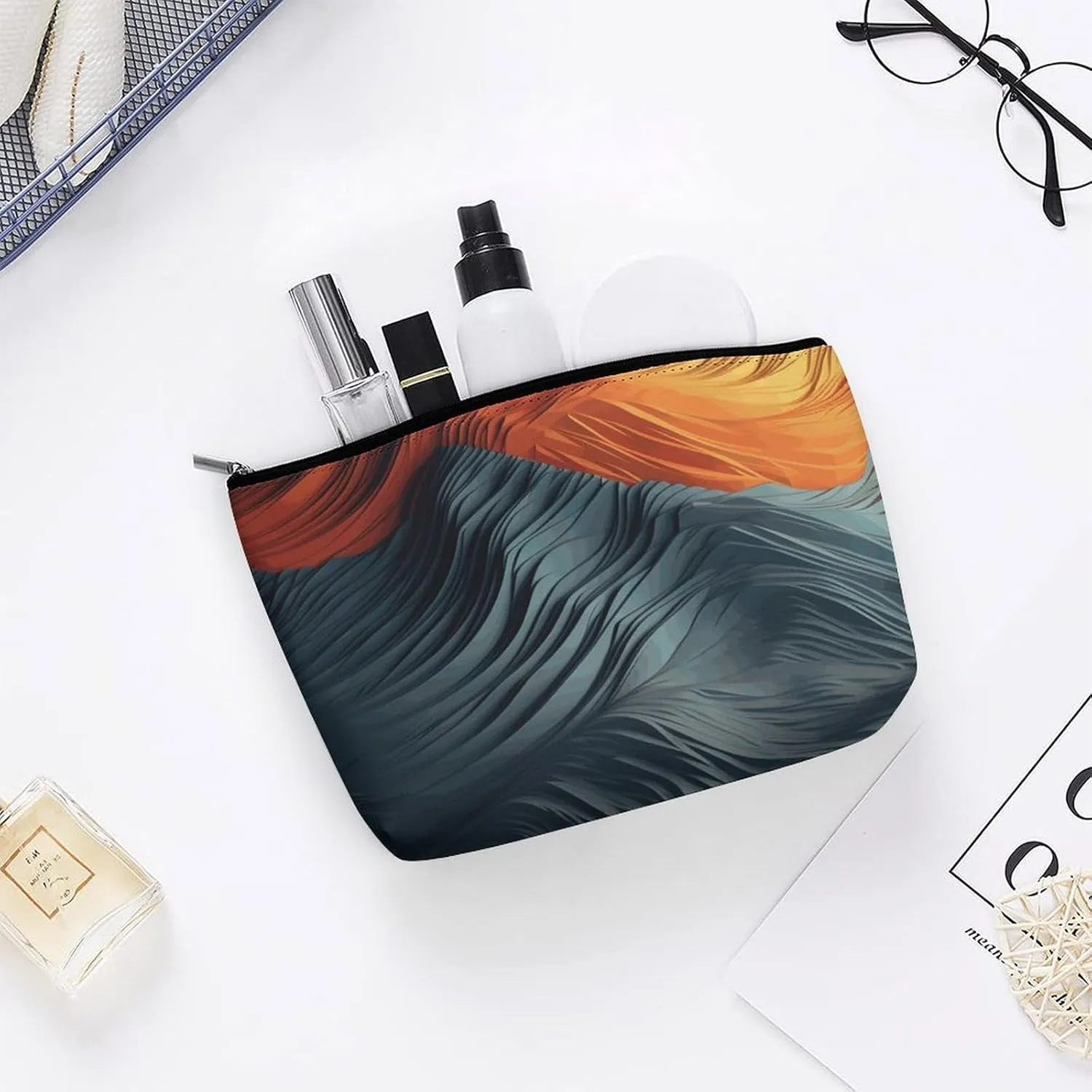Colorful Waves Makeup Bag For Women-Cosmetic Bags Aesthetic Design Ladies Volcanic Landscape Tote Bag for Women,Travel Toiletry Bag with Zipper