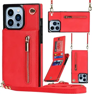 Compatible for iPhone 13 Case 6.1 Inch, Shockproof Protective Zipper Pocket Purse Handbag Shoulder Strap Stylish Protective Cover for iPhone 13 (Romantic Red)