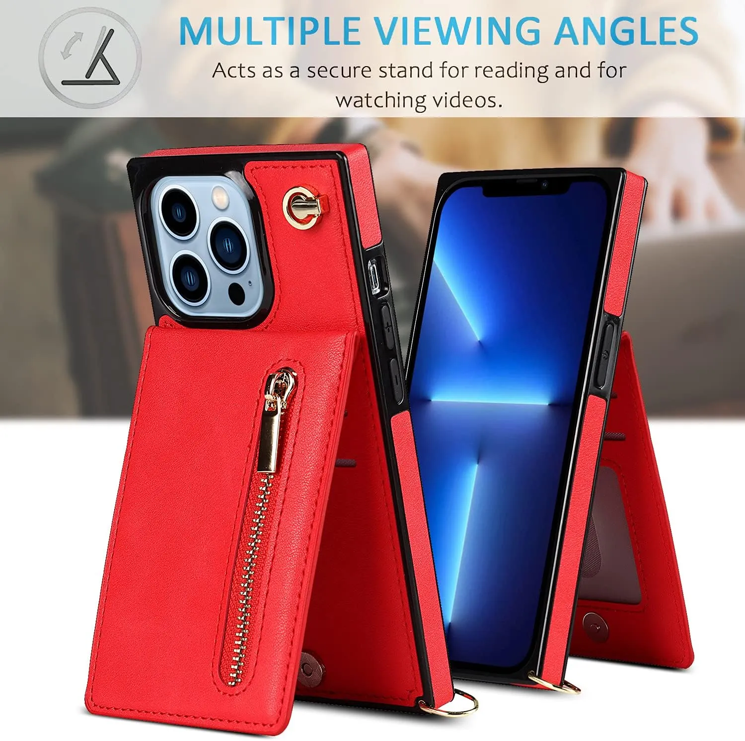 Compatible for iPhone 13 Case 6.1 Inch, Shockproof Protective Zipper Pocket Purse Handbag Shoulder Strap Stylish Protective Cover for iPhone 13 (Romantic Red)