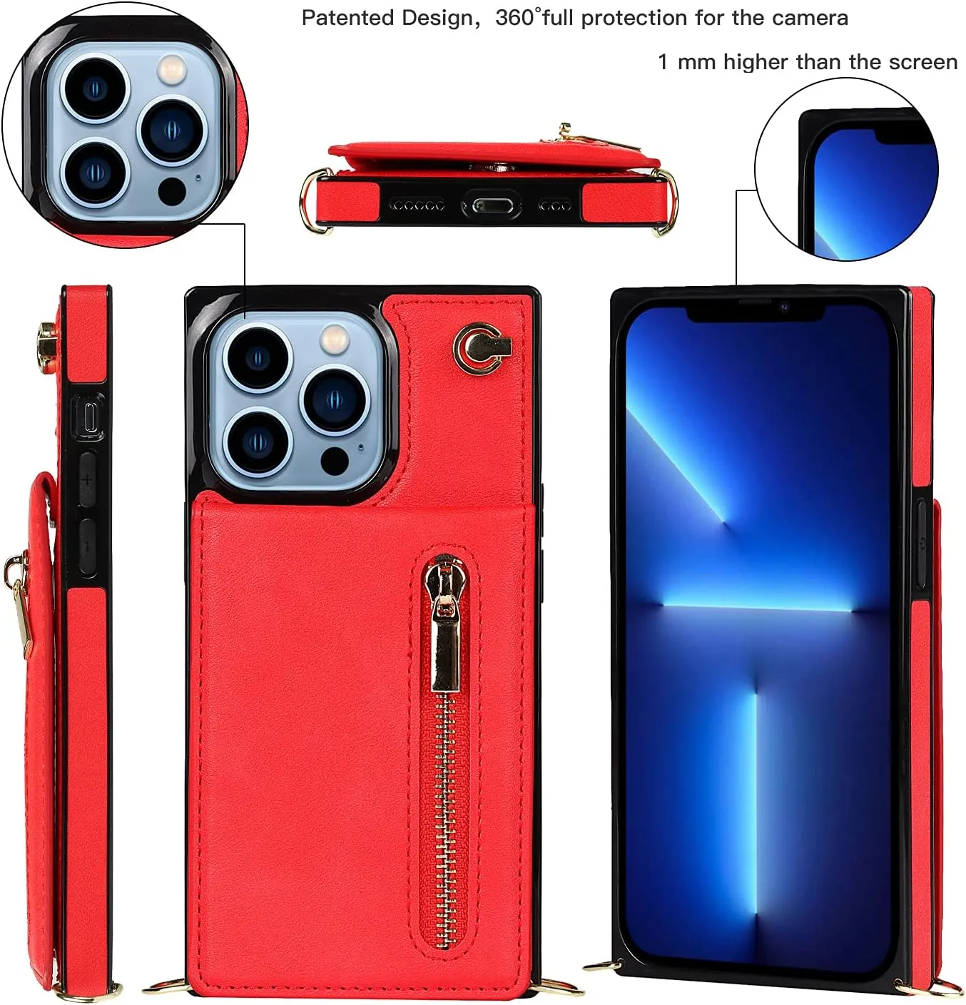 Compatible for iPhone 13 Case 6.1 Inch, Shockproof Protective Zipper Pocket Purse Handbag Shoulder Strap Stylish Protective Cover for iPhone 13 (Romantic Red)