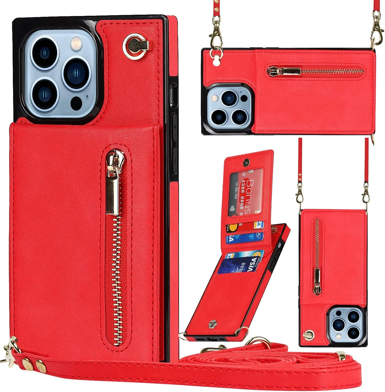 Compatible for iPhone 13 Case 6.1 Inch, Shockproof Protective Zipper Pocket Purse Handbag Shoulder Strap Stylish Protective Cover for iPhone 13 (Romantic Red)