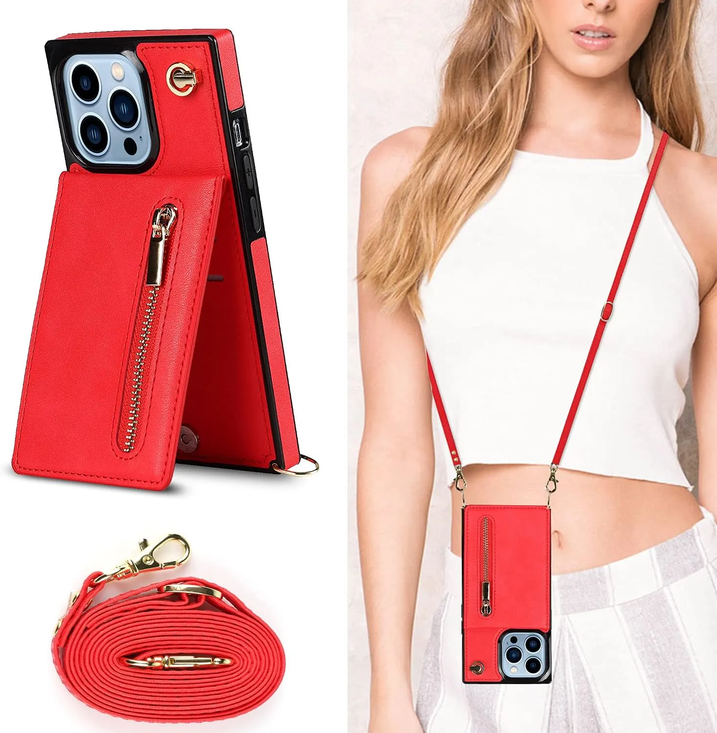 Compatible for iPhone 13 Case 6.1 Inch, Shockproof Protective Zipper Pocket Purse Handbag Shoulder Strap Stylish Protective Cover for iPhone 13 (Romantic Red)