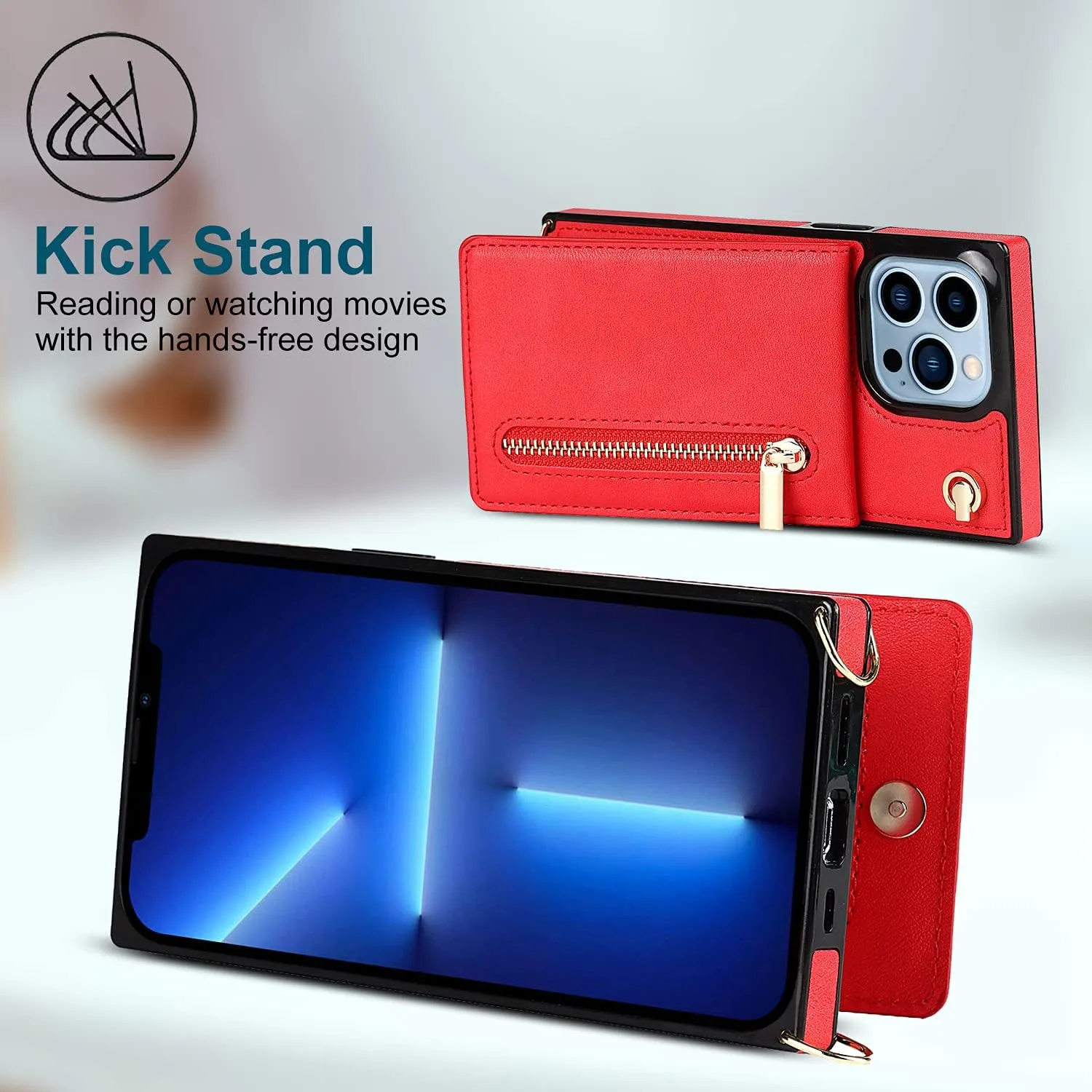 Compatible for iPhone 13 Case 6.1 Inch, Shockproof Protective Zipper Pocket Purse Handbag Shoulder Strap Stylish Protective Cover for iPhone 13 (Romantic Red)
