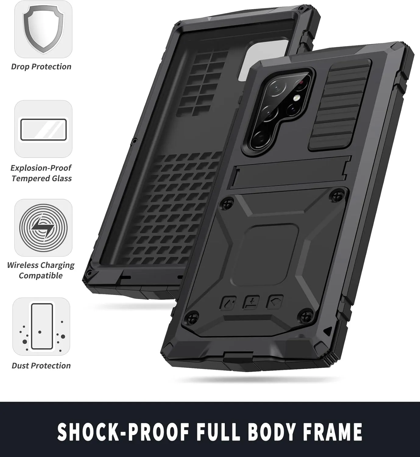 Compatible with Samsung S23 Ultra Metal Case with Screen Protector Camera Protector Military Rugged Heavy Duty Shockproof Case with Metal Kickstand Full Body Tough Dustproof Case (Black)