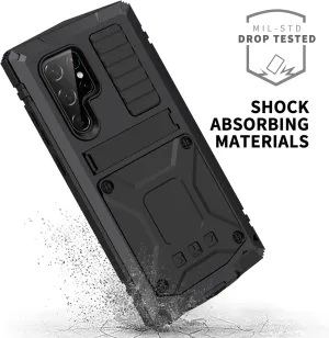Compatible with Samsung S23 Ultra Metal Case with Screen Protector Camera Protector Military Rugged Heavy Duty Shockproof Case with Metal Kickstand Full Body Tough Dustproof Case (Black)