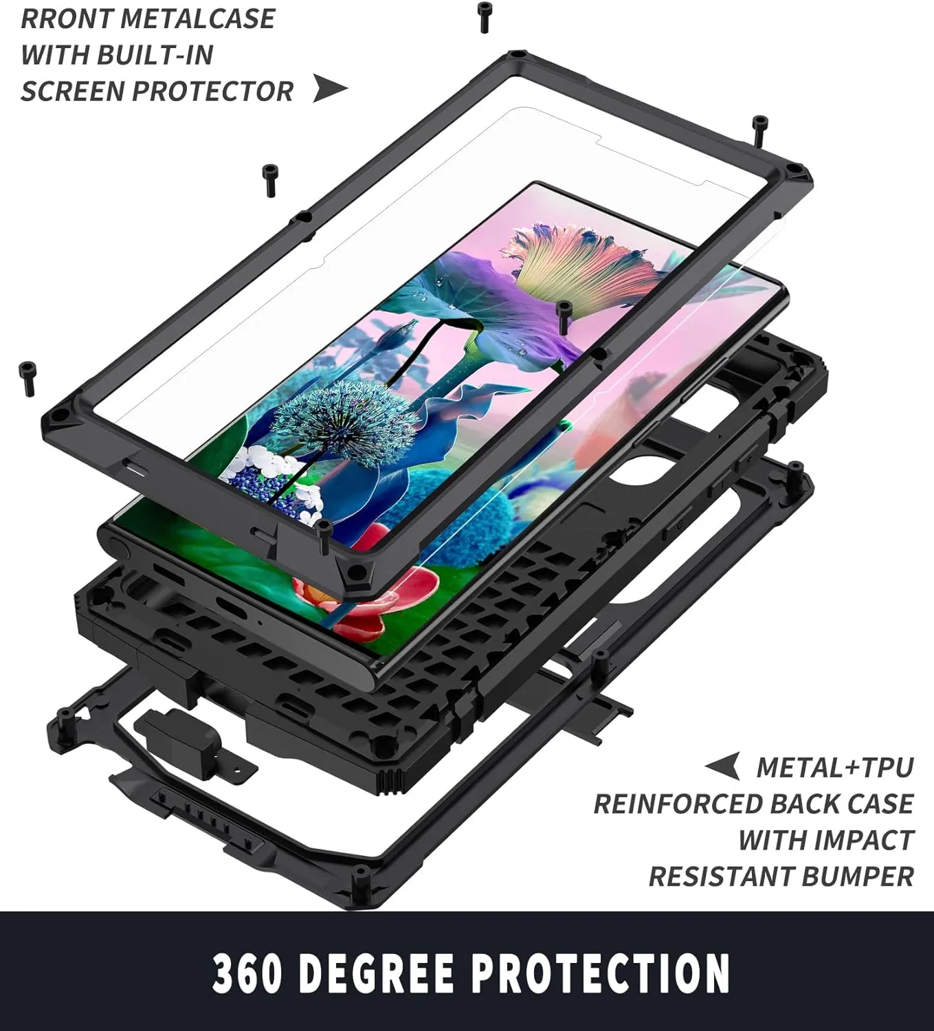 Compatible with Samsung S23 Ultra Metal Case with Screen Protector Camera Protector Military Rugged Heavy Duty Shockproof Case with Metal Kickstand Full Body Tough Dustproof Case (Black)