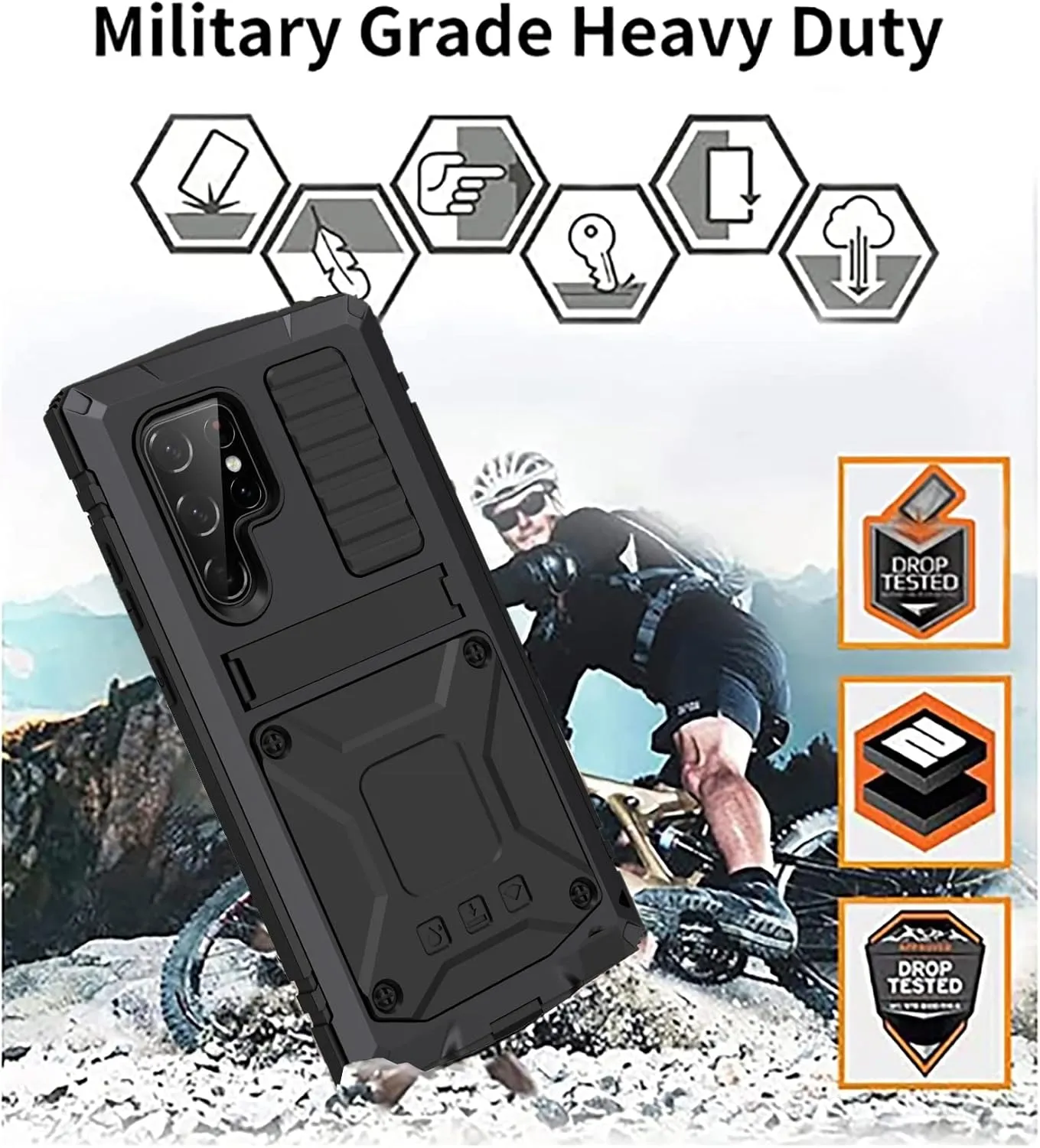 Compatible with Samsung S23 Ultra Metal Case with Screen Protector Camera Protector Military Rugged Heavy Duty Shockproof Case with Metal Kickstand Full Body Tough Dustproof Case (Black)