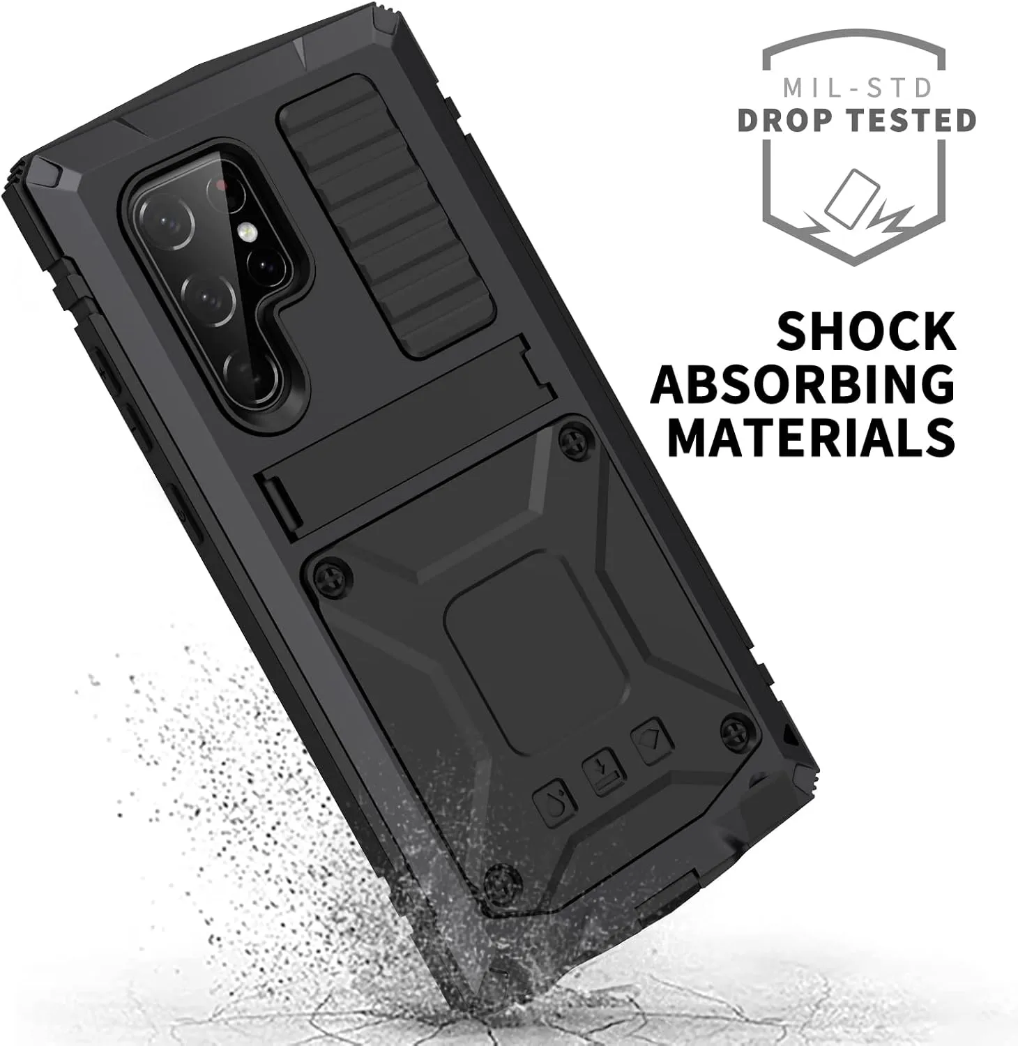 Compatible with Samsung S23 Ultra Metal Case with Screen Protector Camera Protector Military Rugged Heavy Duty Shockproof Case with Metal Kickstand Full Body Tough Dustproof Case (Black)
