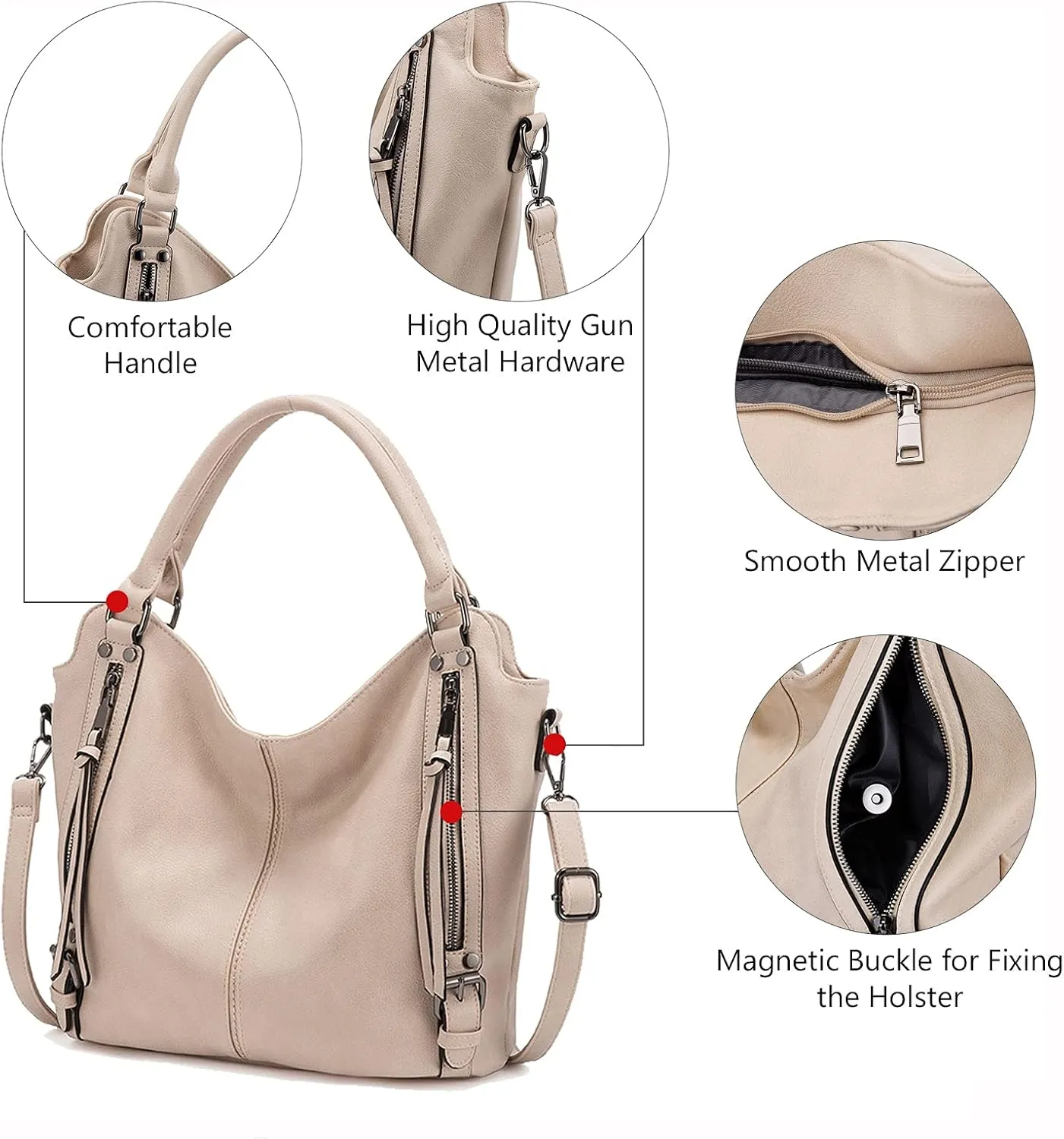 Concealed Carry Hobo Purse for Women Faux Leather Crossbody Shoulder Bags Large Tote Bag with Detachable Holster