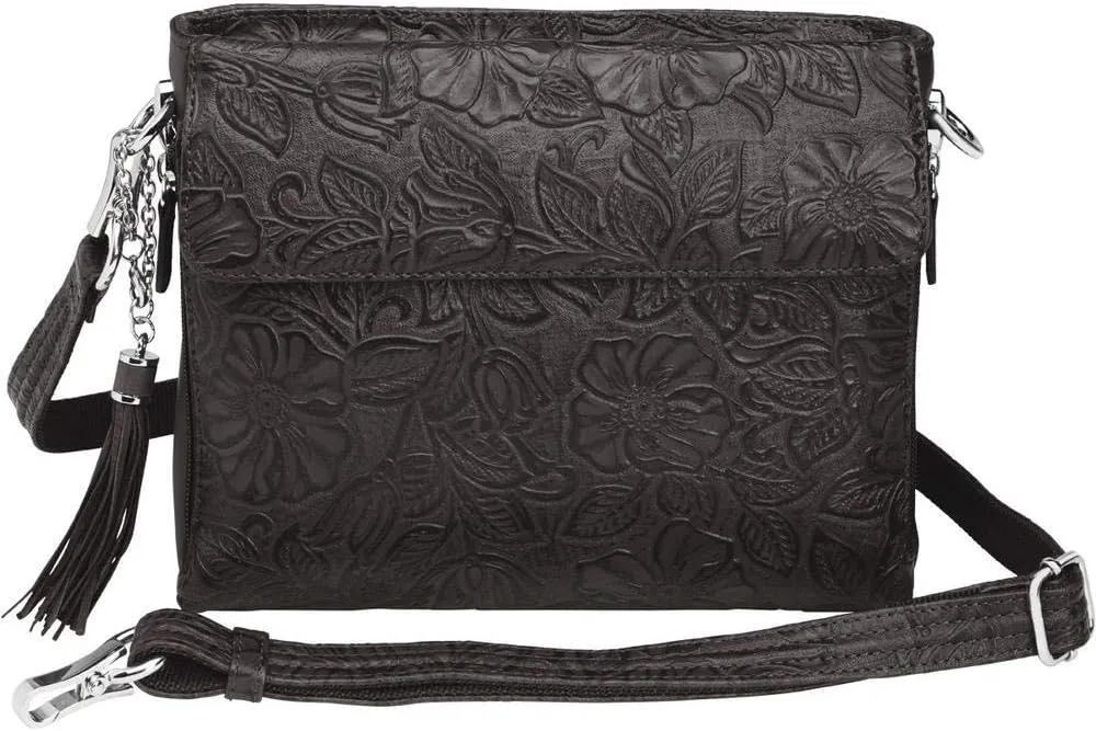 Concealed Carry Purse - Leather Tooled American Cowhide Crossbody by Gun Tote'n Mamas (Black)