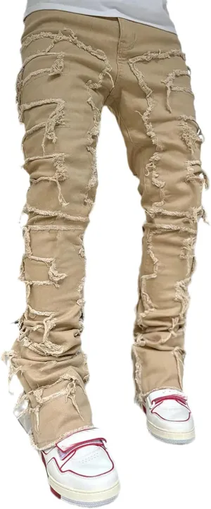 Conshvi Men's Slim Fit Stretch Jeans Distressed Patchwork Stacked Frayed Straight Leg Skinny Denim Pants