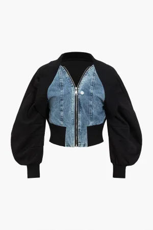 Contrast Color Vintage Patchwork Zipper Denim Outerwear Jacket