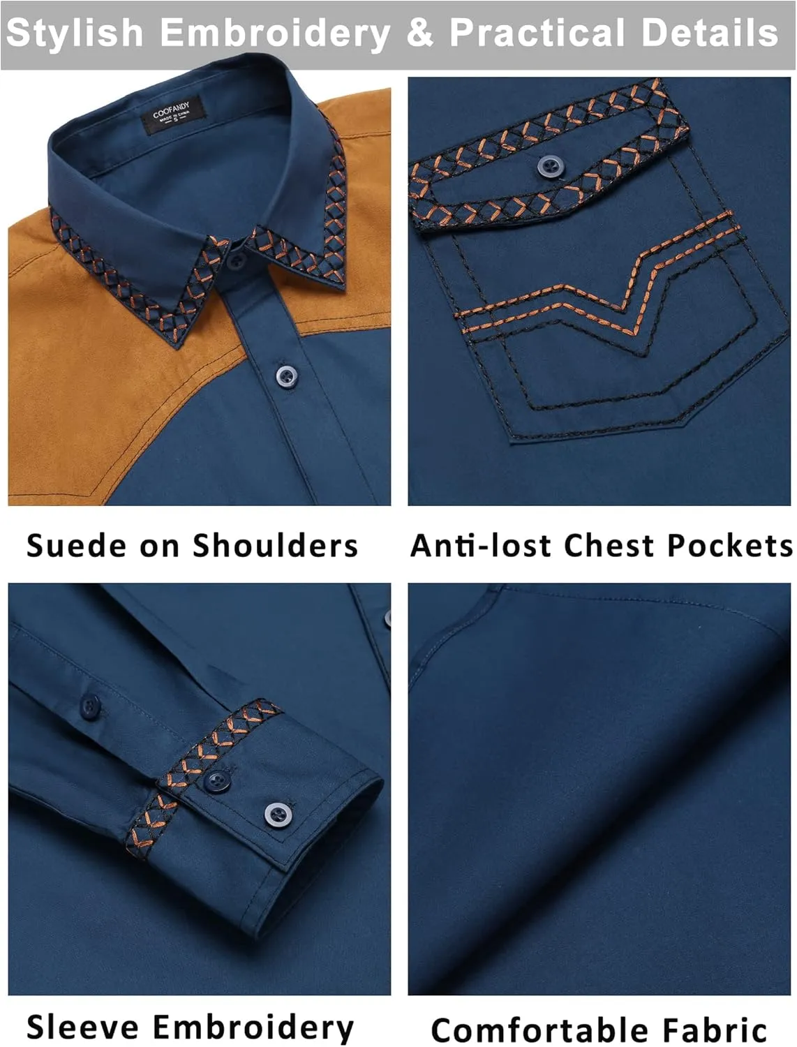 COOFANDY Men's Western Cowboy Shirt Embroidered Long Sleeve Slim Fit Casual Cotton Button Down Hippie Shirts with Pockets