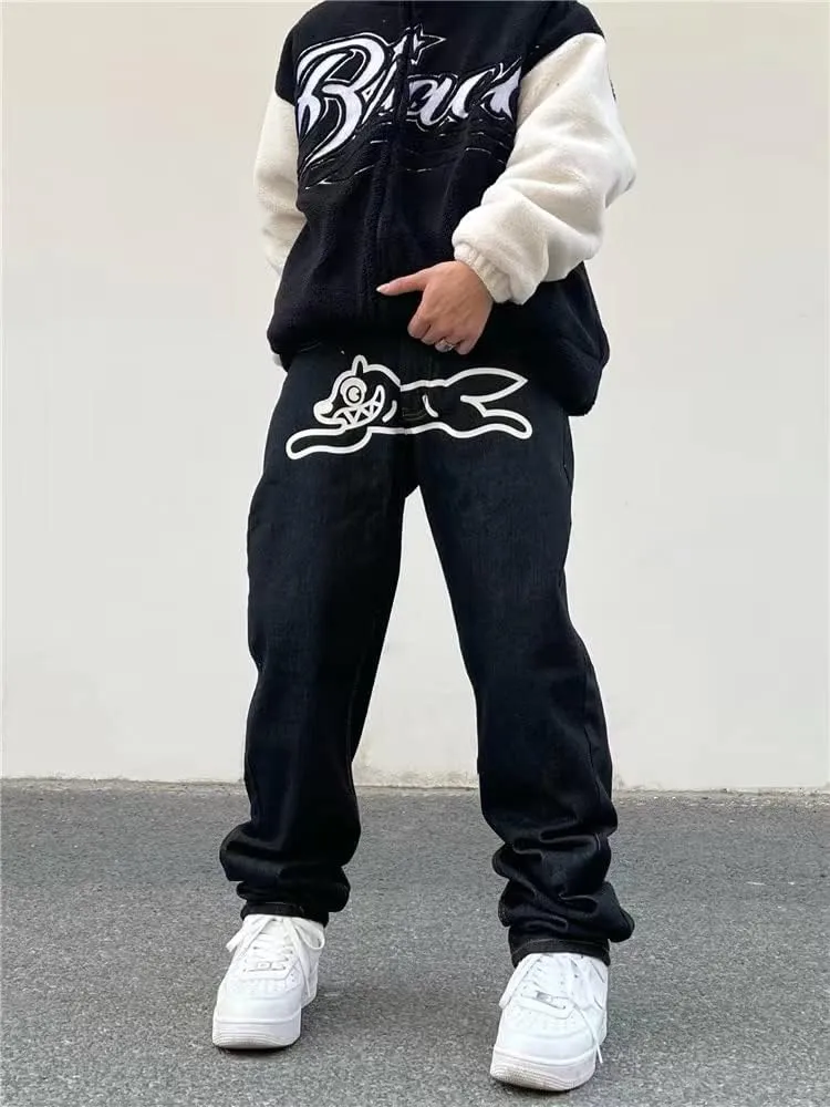 COOLMONAR Mens Baggy Jeans Runing Dog Graphic Print Wide Leg Pants Straight Fit Casual Denim Trousers