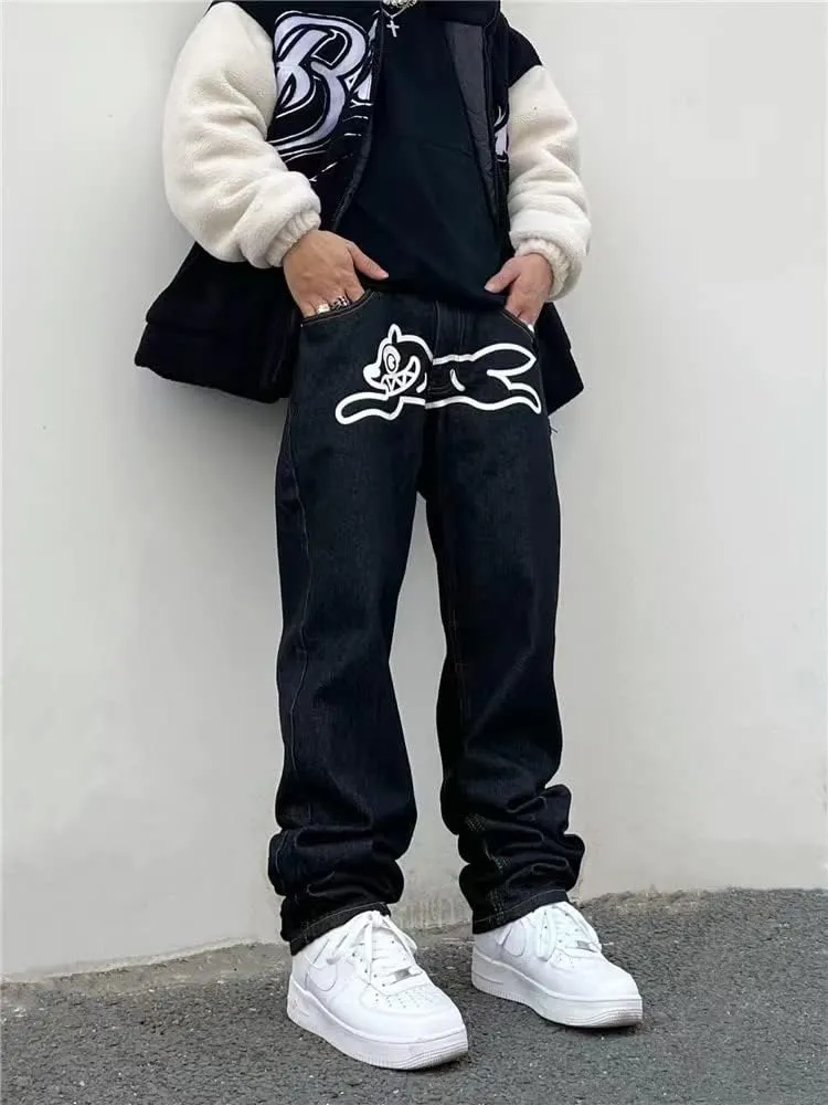COOLMONAR Mens Baggy Jeans Runing Dog Graphic Print Wide Leg Pants Straight Fit Casual Denim Trousers