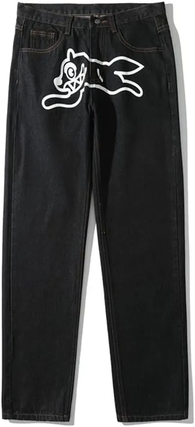 COOLMONAR Mens Baggy Jeans Runing Dog Graphic Print Wide Leg Pants Straight Fit Casual Denim Trousers