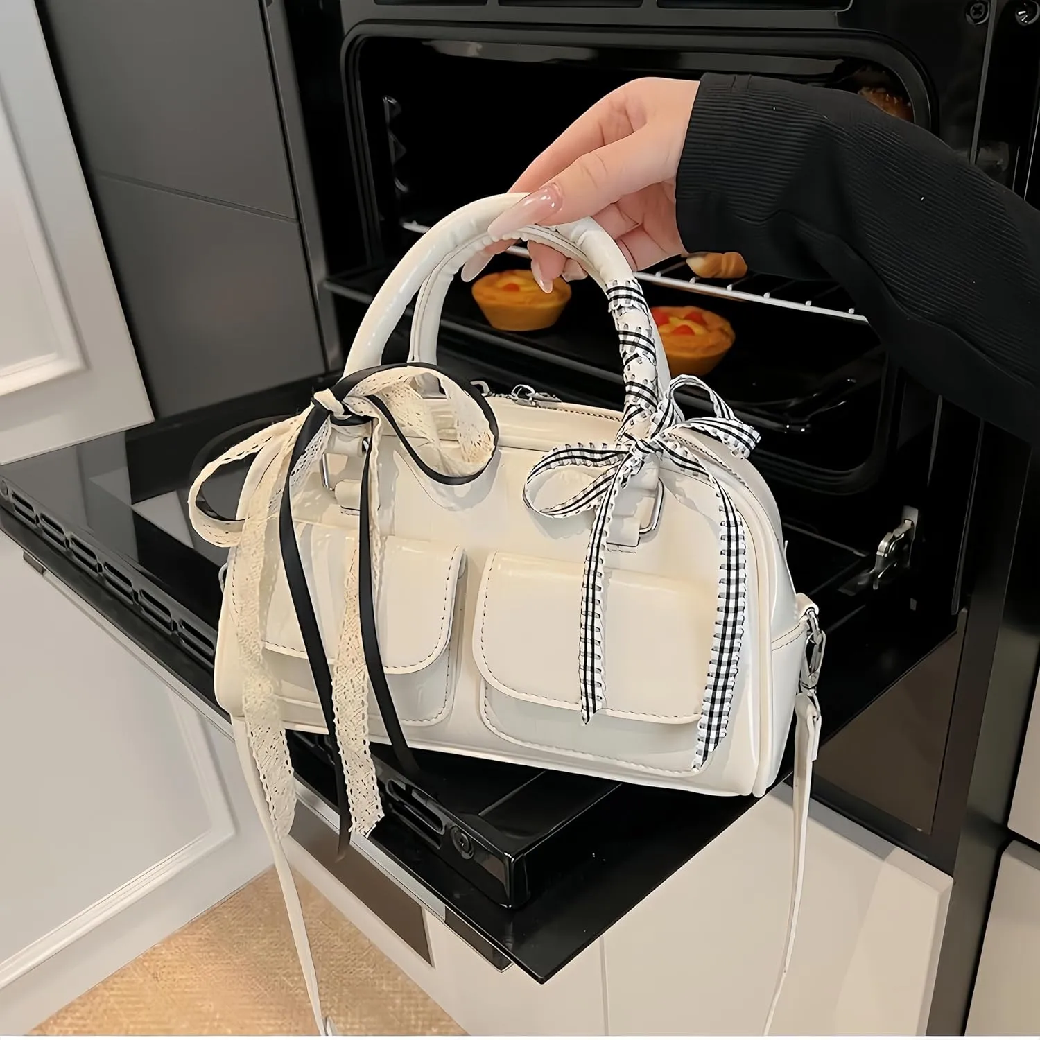 Coquette Leather Shoulder Purse Women Lace Bow Tie Balletcore Boston Bag Cute Aesthetic Handbag Multi Pockets