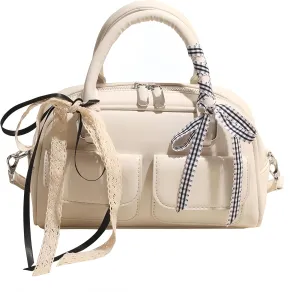 Coquette Leather Shoulder Purse Women Lace Bow Tie Balletcore Boston Bag Cute Aesthetic Handbag Multi Pockets