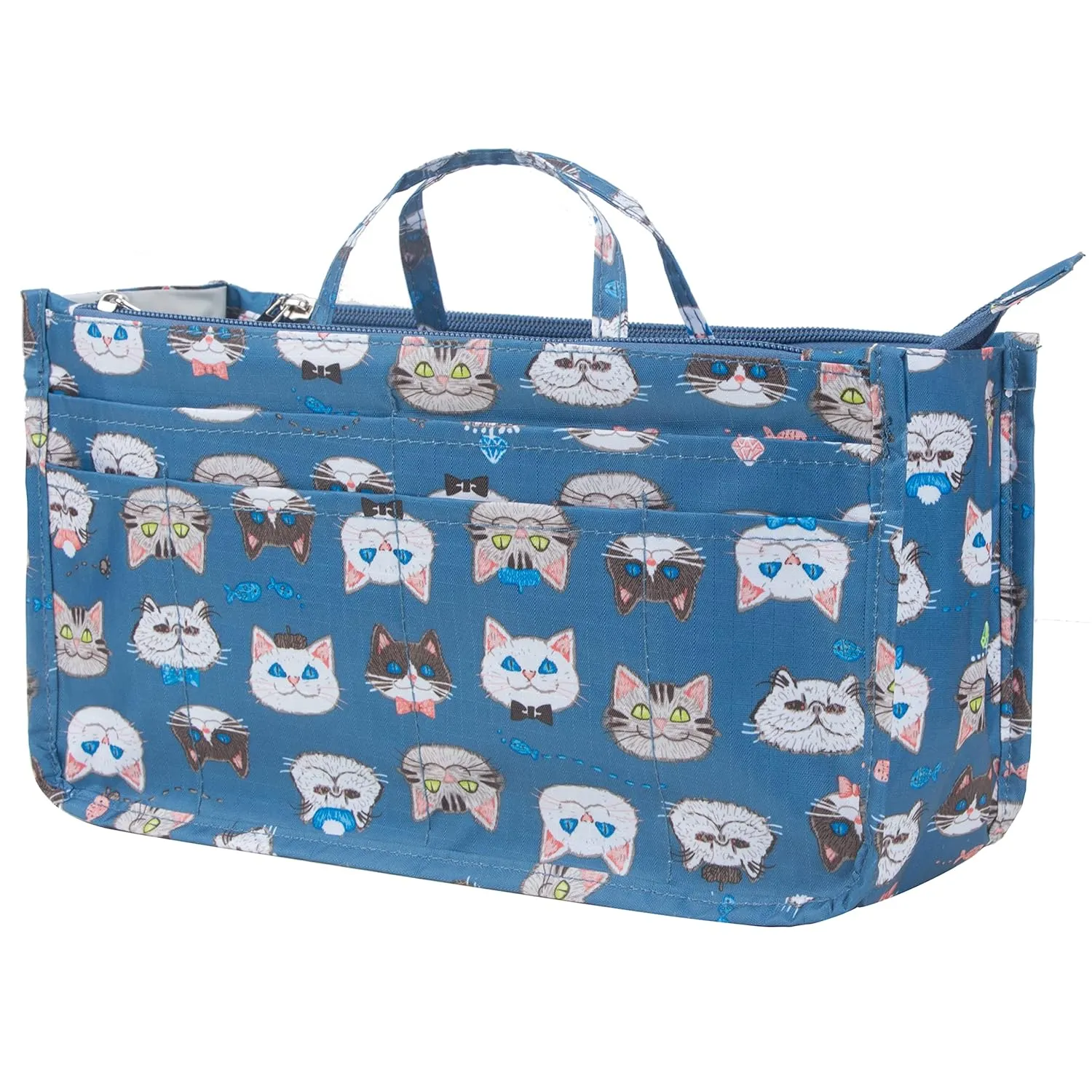 Cosmetic Bag for Women Cute Printing 14 Pockets Expandable Makeup Organizer Purse with Handles (Cat)