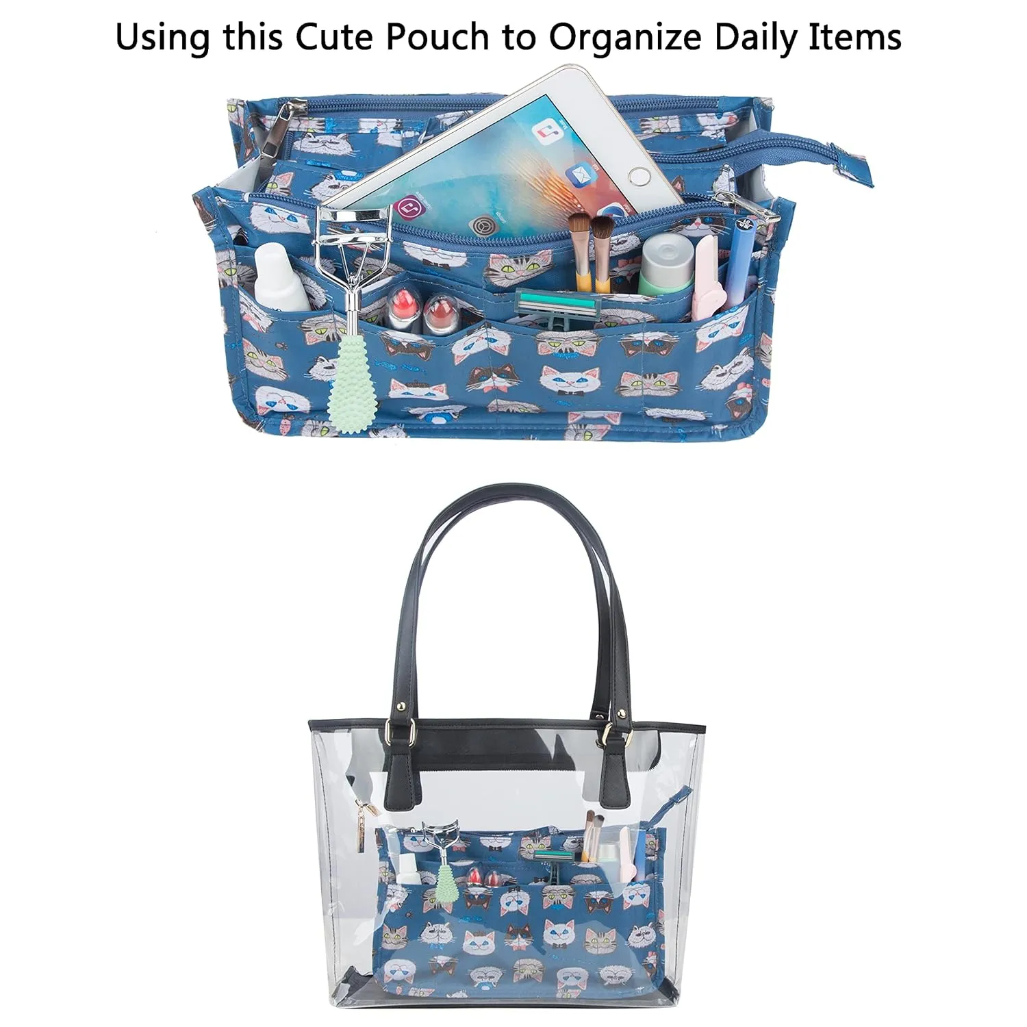 Cosmetic Bag for Women Cute Printing 14 Pockets Expandable Makeup Organizer Purse with Handles (Cat)
