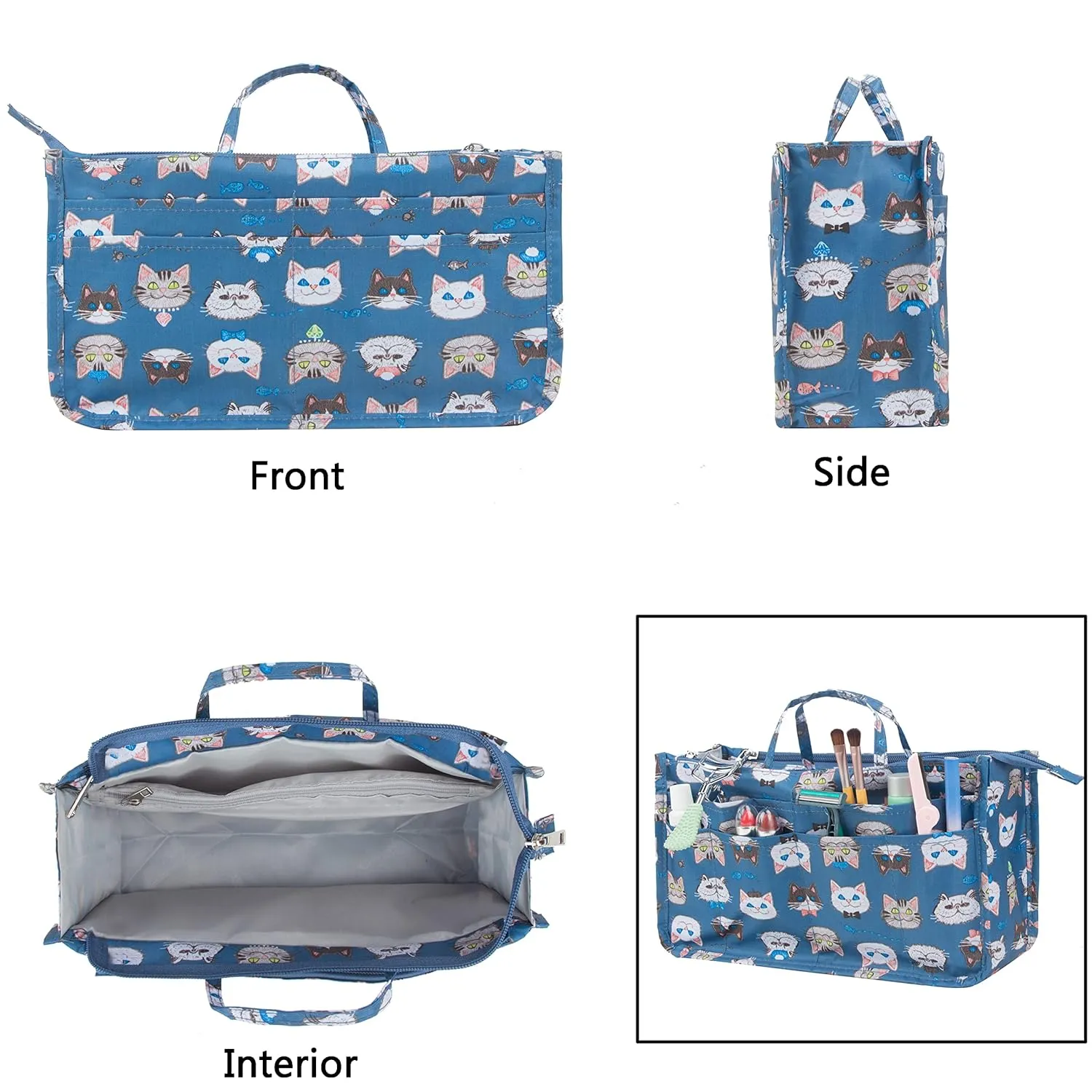 Cosmetic Bag for Women Cute Printing 14 Pockets Expandable Makeup Organizer Purse with Handles (Cat)