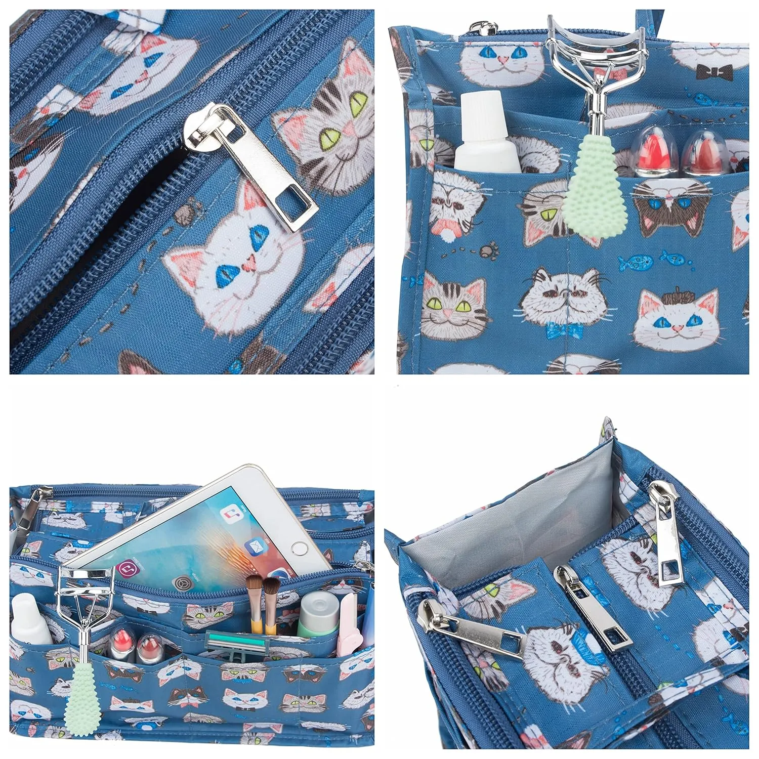 Cosmetic Bag for Women Cute Printing 14 Pockets Expandable Makeup Organizer Purse with Handles (Cat)
