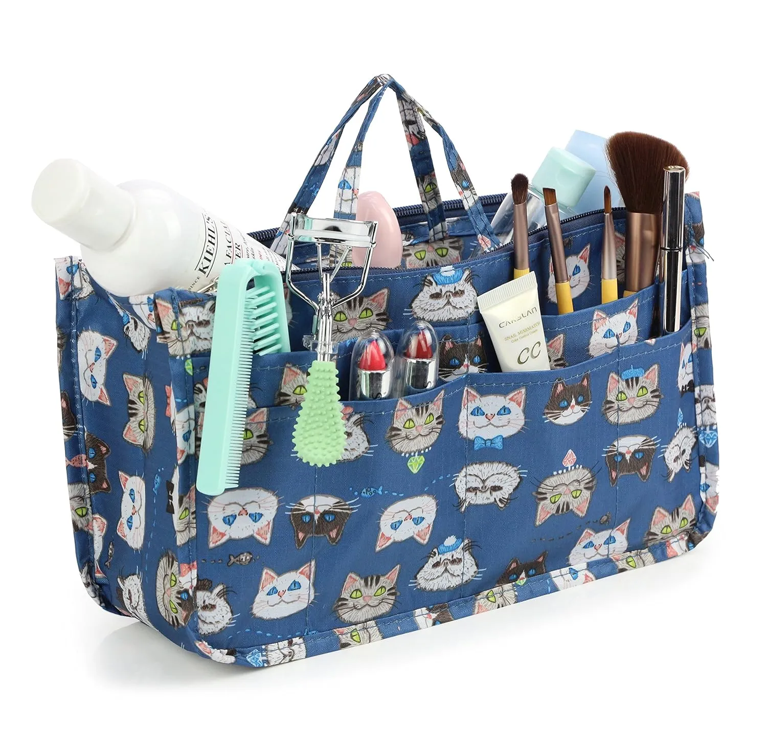 Cosmetic Bag for Women Cute Printing 14 Pockets Expandable Makeup Organizer Purse with Handles (Cat)