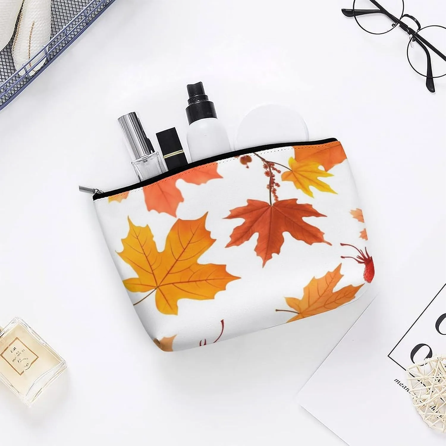 Cosmetic Bag Travel Makeup Bag Waterproof Toiletry Bag Autumn Maple Leaves Makeup Organizer Case Portable Toiletry Pouch Large Capacity Zipper Pouch for Women Men